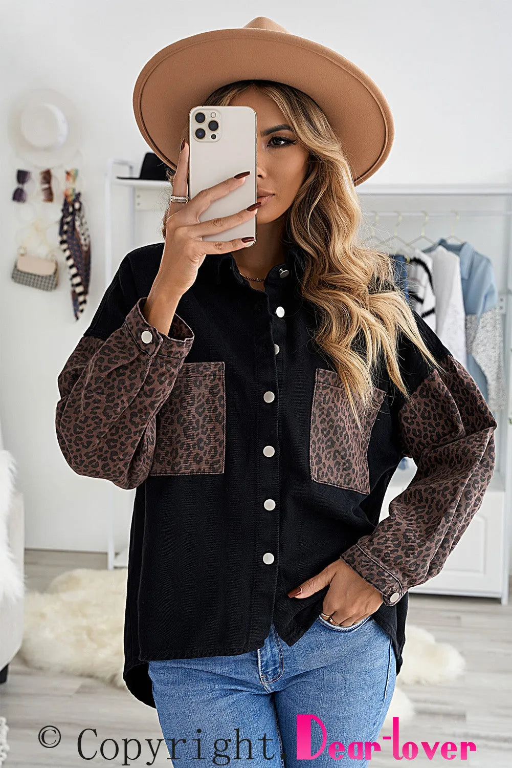 Black Contrast Leopard Denim Jacket - Chic Meadow Boutique 