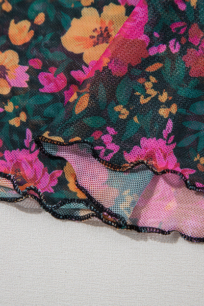 Rose Floral Print Mesh Stand Neck Short Sleeve Top