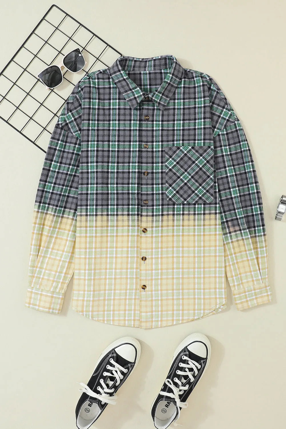 Blackish Green Contrast Plaid Patchwork Chest Pocket Button up Shacket - Chic Meadow Boutique 