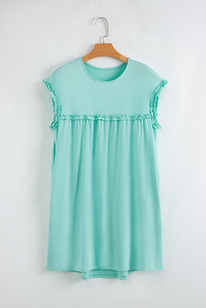 Mint Green Frilled Trim Crew Neck Loose Fit Mini Dress