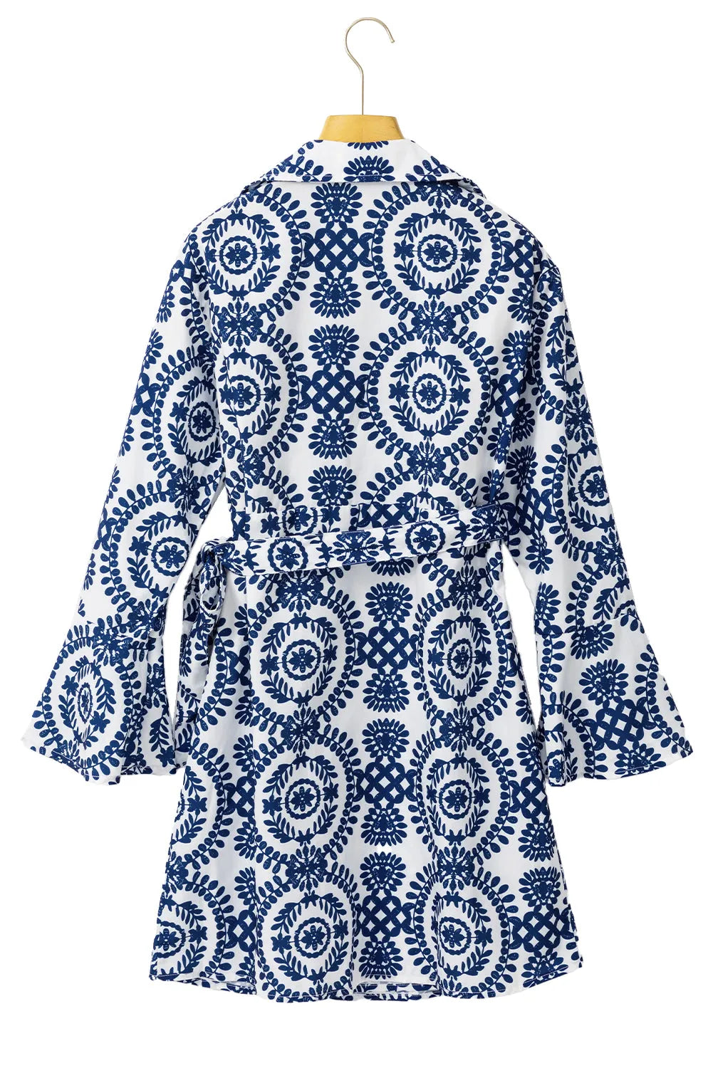 Blue Floral Print V Neck Wrapped Knot Long Sleeve Dress - Chic Meadow Boutique 