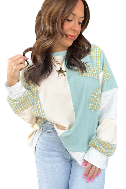 Light Blue Plaid Patchwork Round Neck Long Sleeve Top