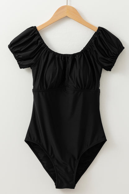 Black Elastic Neckline Short Sleeve One Piece Swimsuit