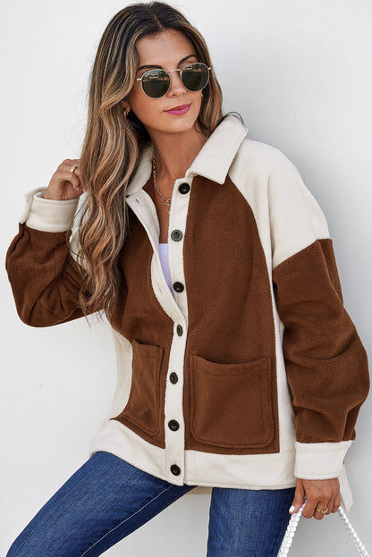 Brown Color Block Patchwork Button Down Fleece Shacket