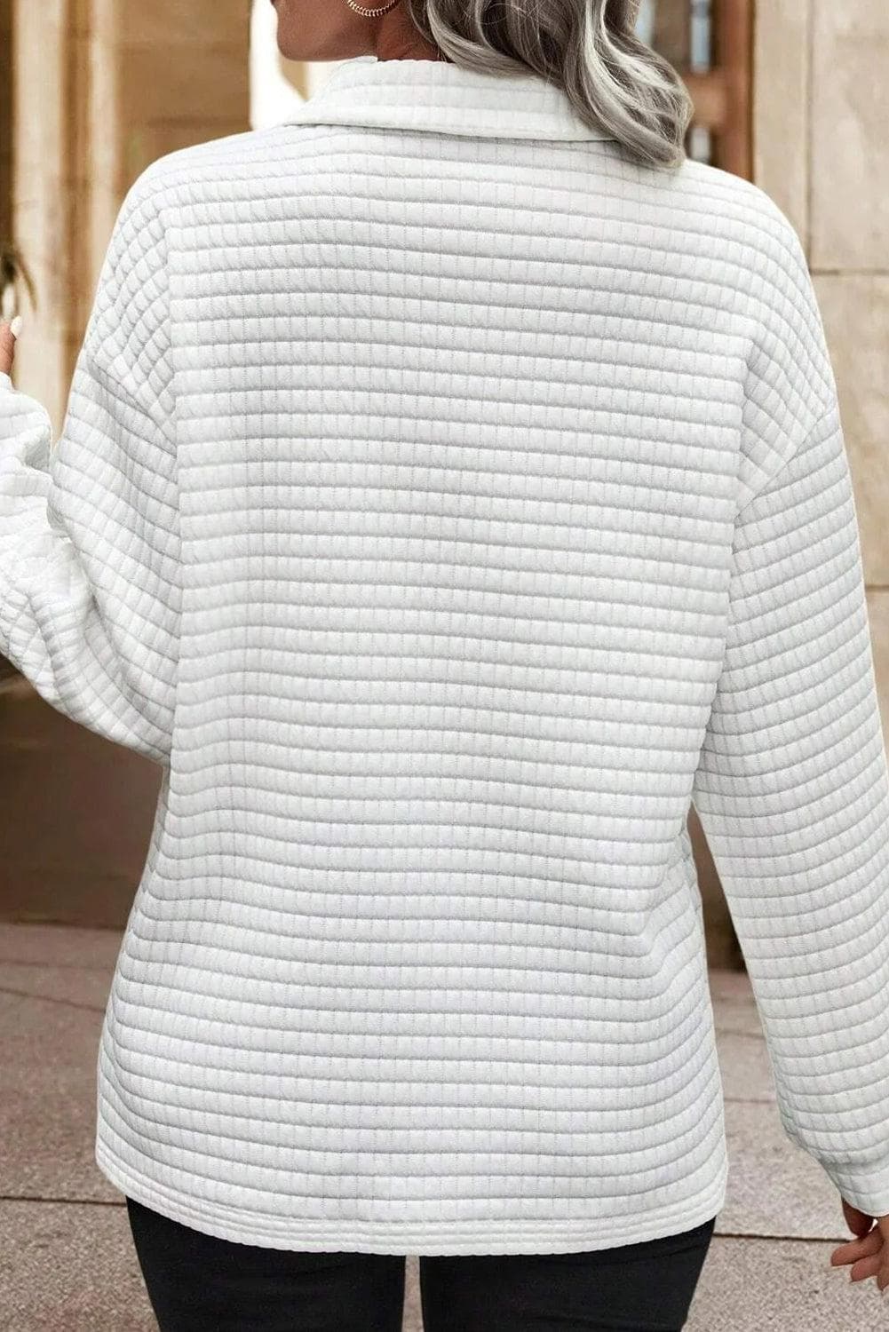 Tops/Long Sleeve Tops White Quilted Texture Sporty Collared Long Sleeve Top