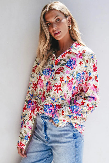 Red Floral Print Slim Fit Buttoned Turn Down Collar Shirt - Chic Meadow Boutique 