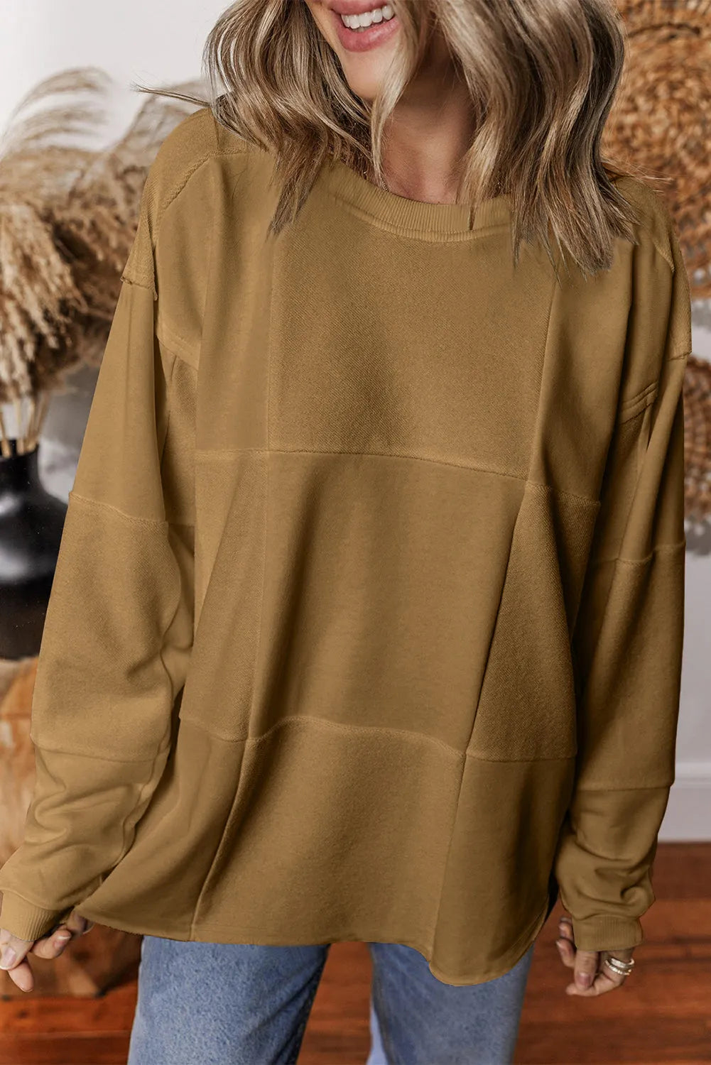 Light French Beige Solid Color Patchwork Drop Shoulder Baggy Sweatshirt - Chic Meadow Boutique 