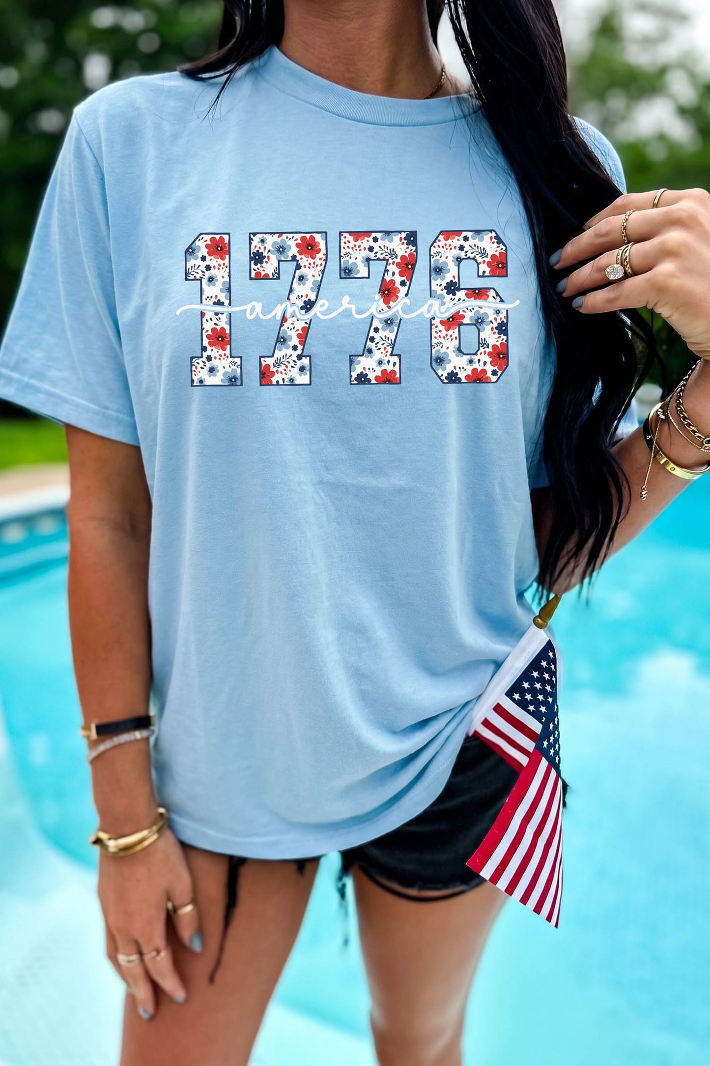 Light Blue America 1776 Floral Print Relaxed T Shirt