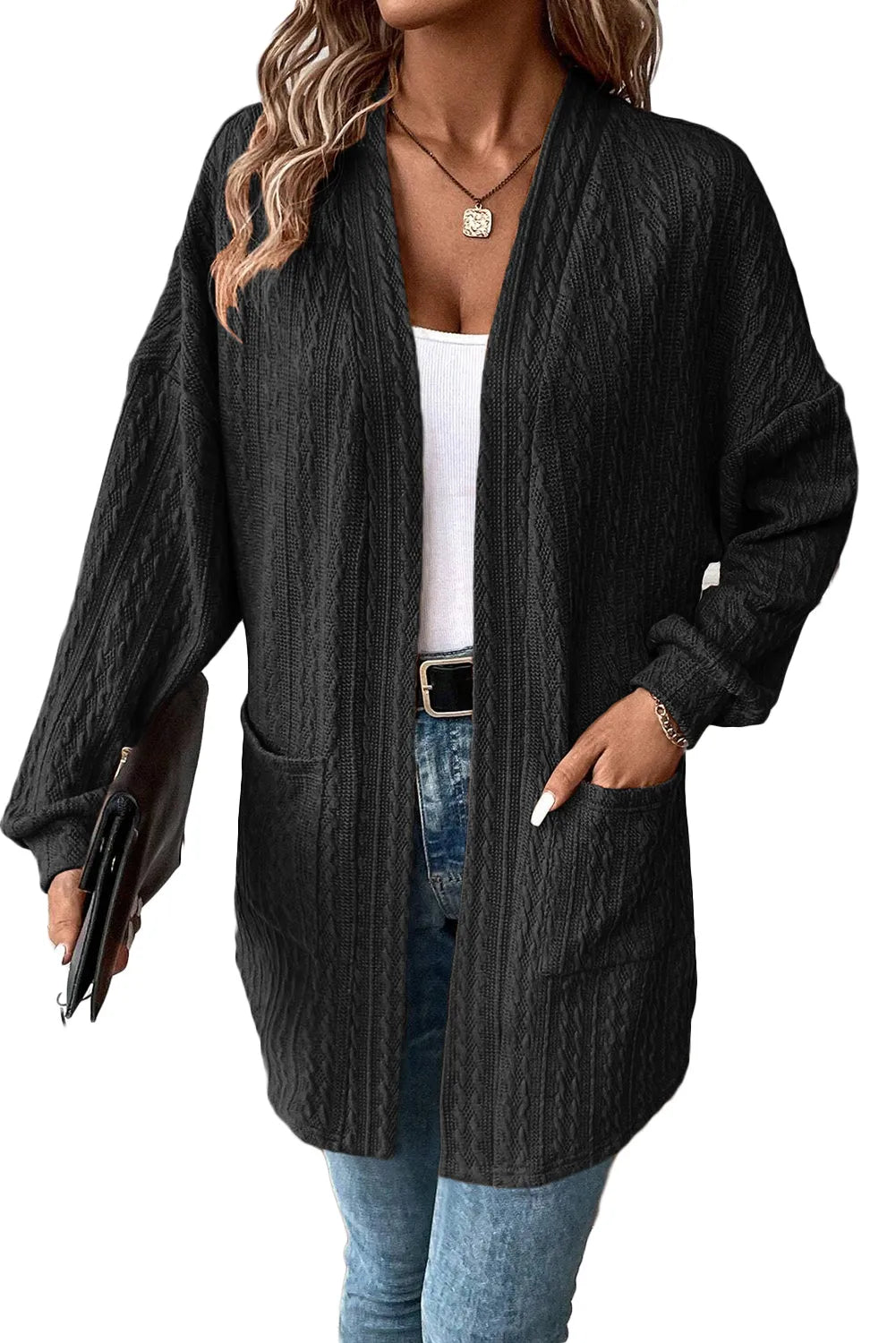 Black Textured Knit Side Pockets Open Front Cardigan - Chic Meadow Boutique 