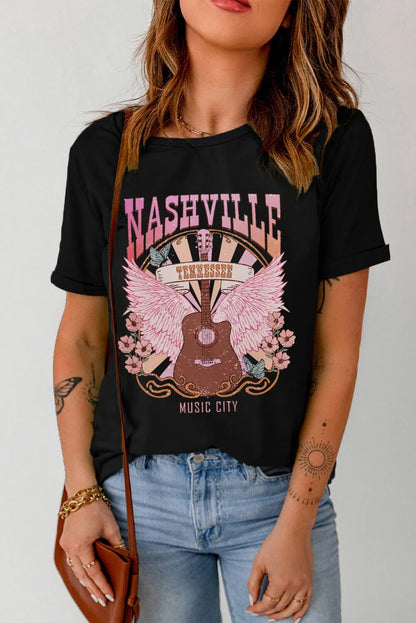 Black NASHVILLE Music City Graphic Print Short Sleeve Top - Chic Meadow Boutique 