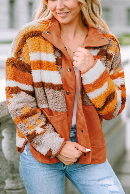 Brown Quilted Patch Pockets Aztec Furry Jacket - Chic Meadow Boutique 