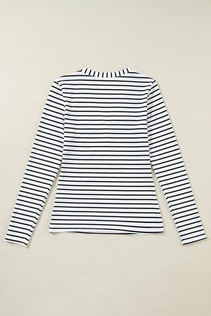 White Stripe Slim Fit Buttoned V Neck Long Sleeve T Shirt - Chic Meadow Boutique 