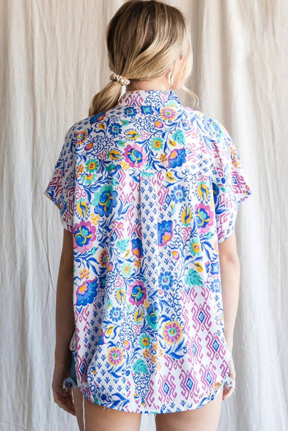 Light Blue Mixed Floral Printed Collared Split Neck Blouse - Chic Meadow Boutique 