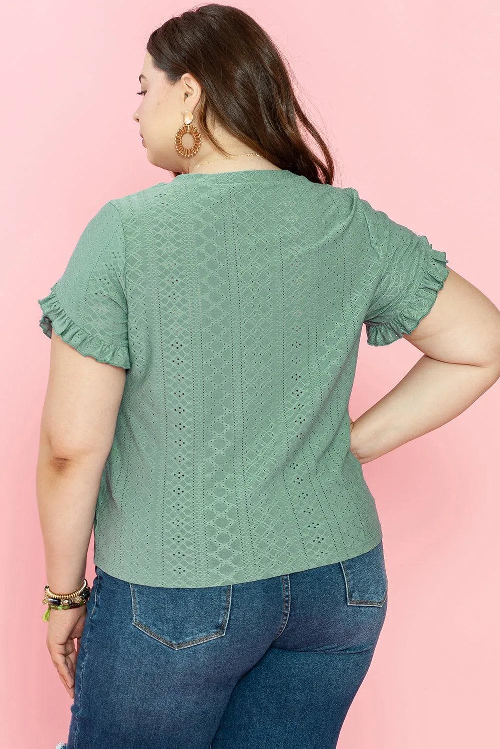 Plus Size/Plus Size Tops/Plus Size Blouses & Shirts Laurel Green Petal Sleeve Jacquard V Neck Curvy Blouse