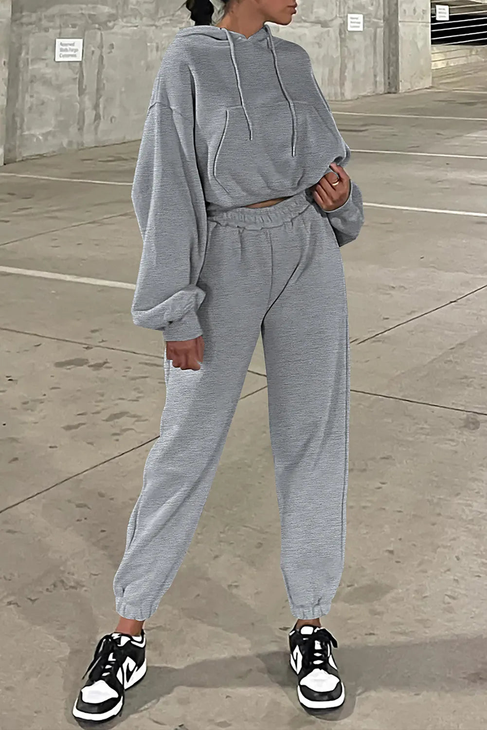 Gray Solid Drop Shoulder Hoodie and Joggers Activewear Set - Chic Meadow Boutique 