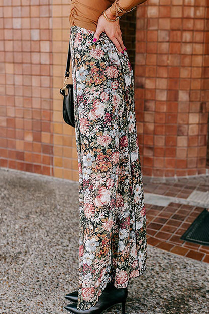 Brown Floral Print High Waist Maxi Skirt