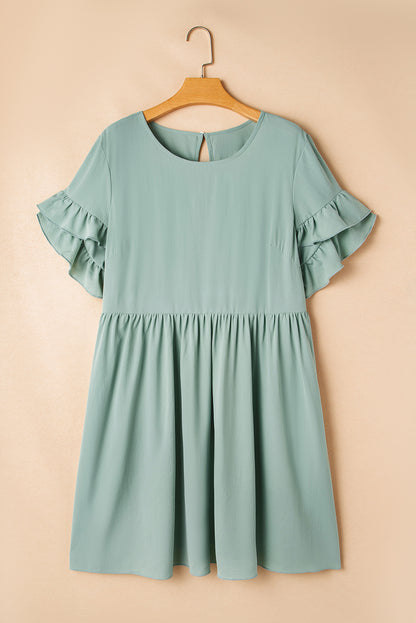 Grass Green Ruffle Trim Short Sleeve Plus Size Flared Mini Dress