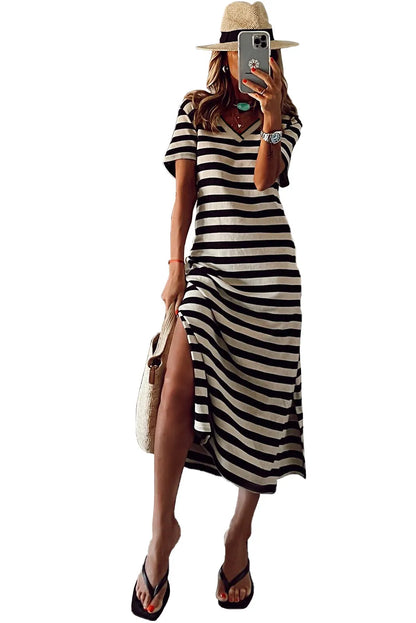 Black Stripe Print V Neck Maxi Dress with Side Splits - Chic Meadow Boutique 