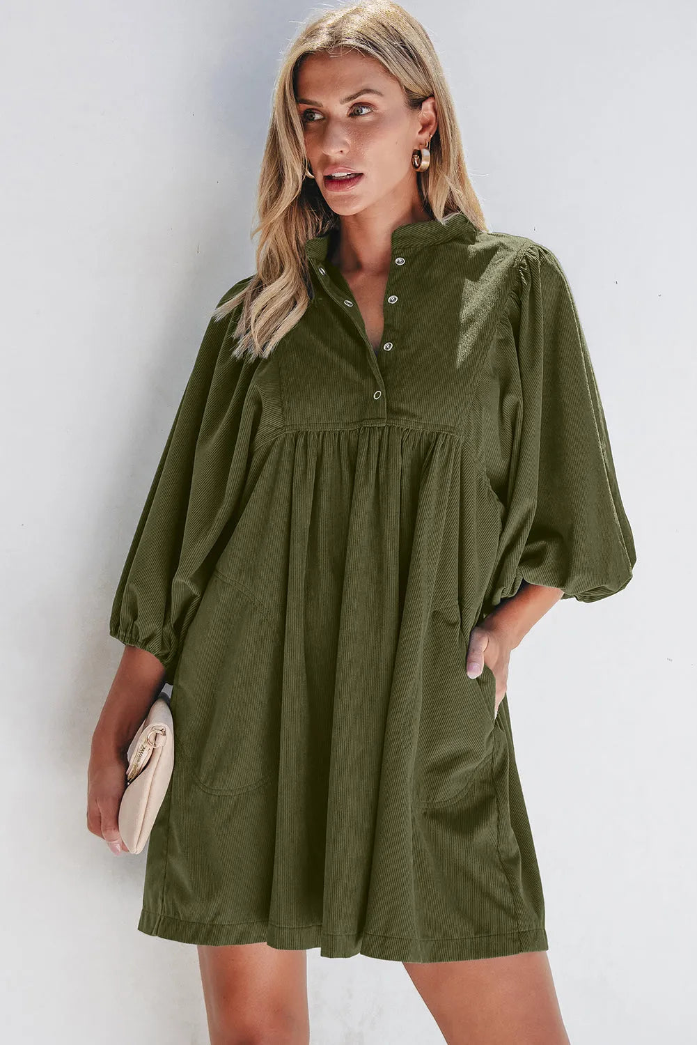 Vineyard Green Corduroy Snap Buttons Empire Waist Bracelet Sleeve Dress - Chic Meadow Boutique 