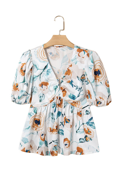 Green Floral Print Puff Sleeve V Neck Babydoll Blouse