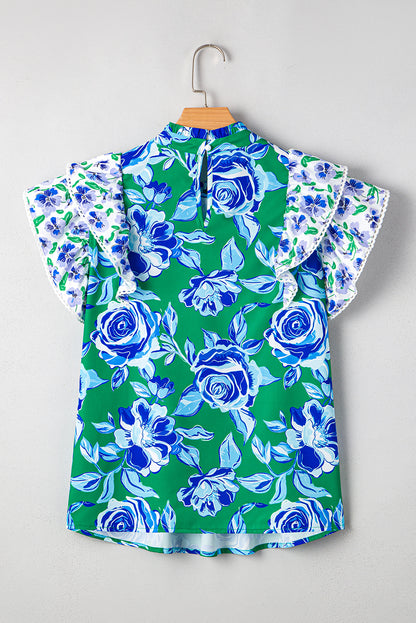 Green Floral Print Lace Trim Contrast Ruffle Sleeve Pleated Loose Blouse