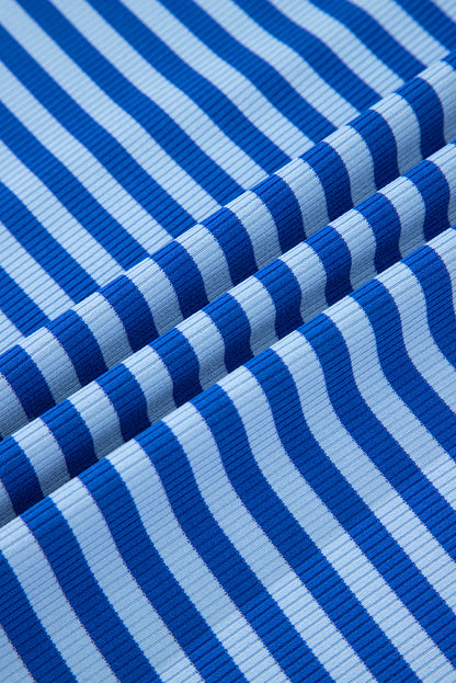 Sky Blue Stripe Ribbed Cap Sleeve Round Neck T Shirt