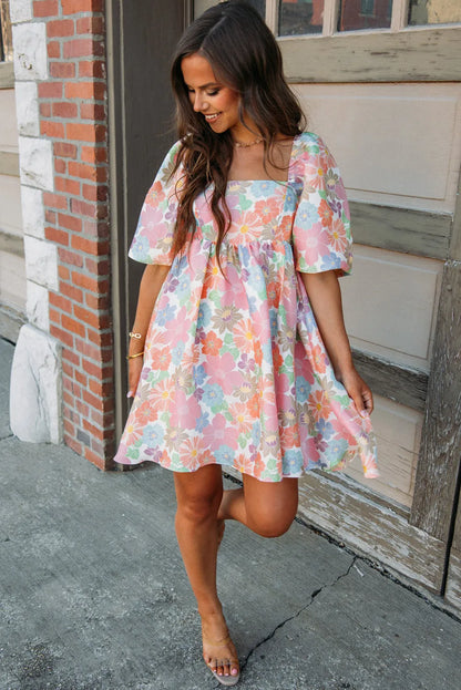 Pink Summer Floral Square Neck Puff Sleeve Babydoll Dress - Chic Meadow Boutique 