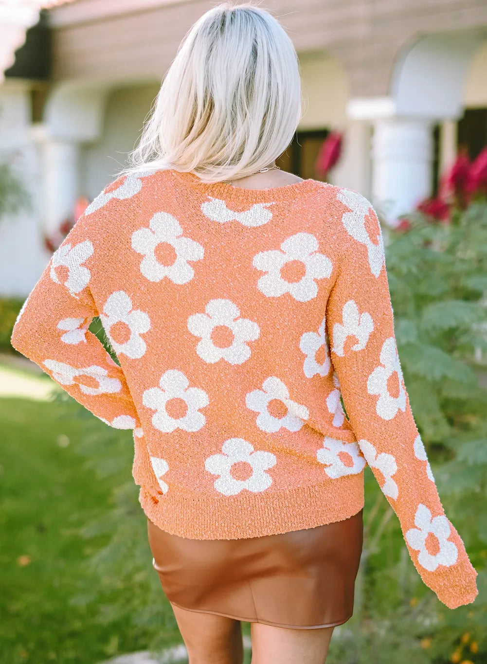 Grapefruit Orange Fuzzy Floral Knitted Drop Shoulder Sweater - Chic Meadow Boutique 