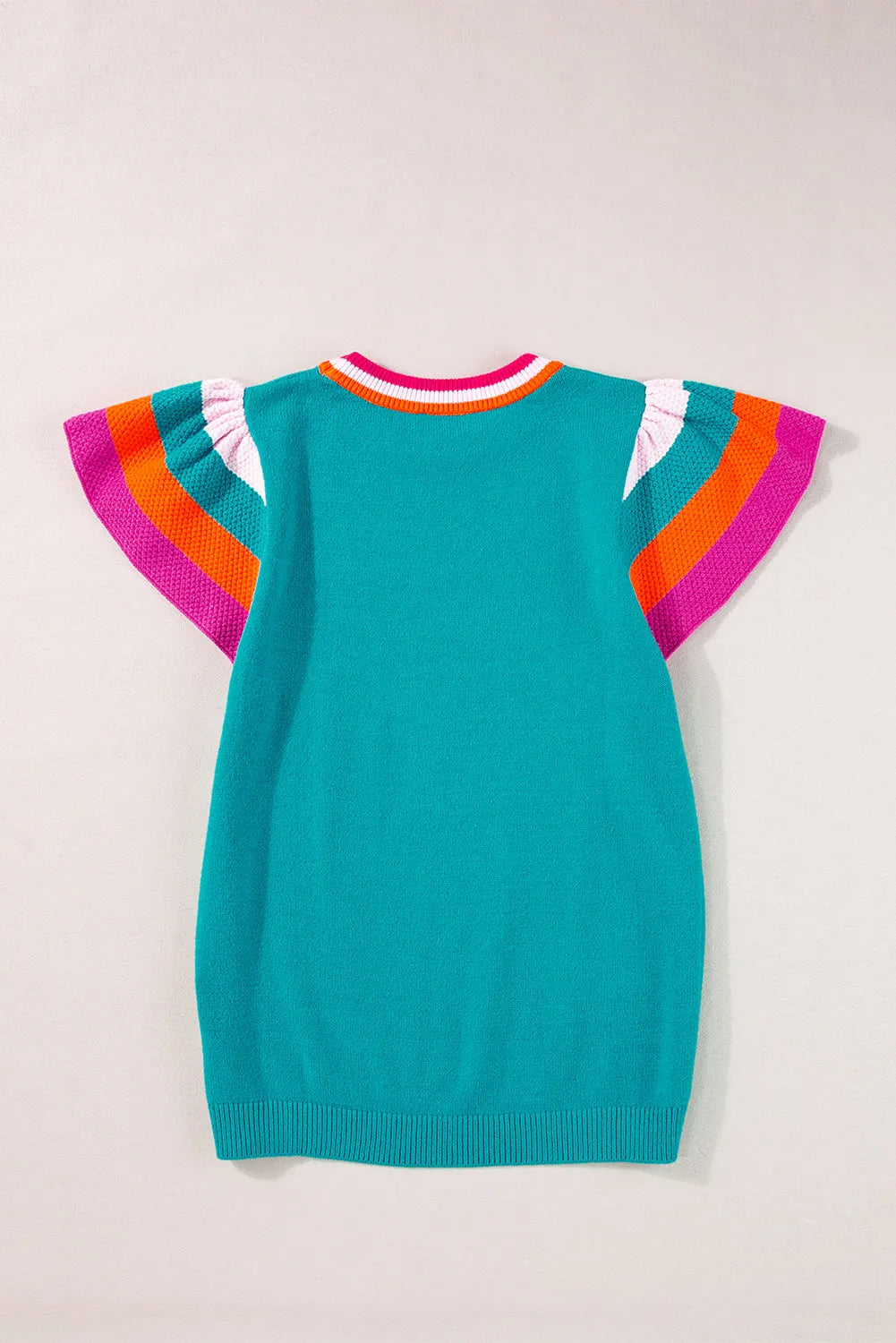 Turquoise Contrast Flutter Sleeves Knitted Sweater T Shirt - Chic Meadow Boutique 