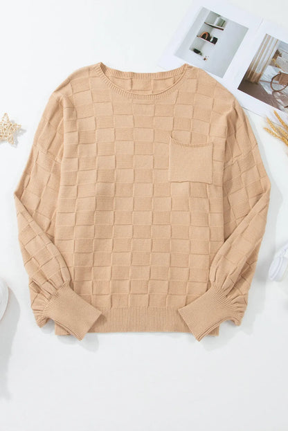 Light French Beige Solid Checkered Textured Knit Plus Size Sweater - Chic Meadow Boutique 