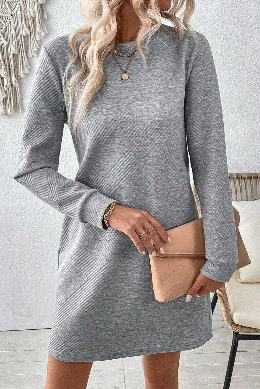 Gray Solid Color Textured Long Sleeve Shift Dress - Chic Meadow Boutique 