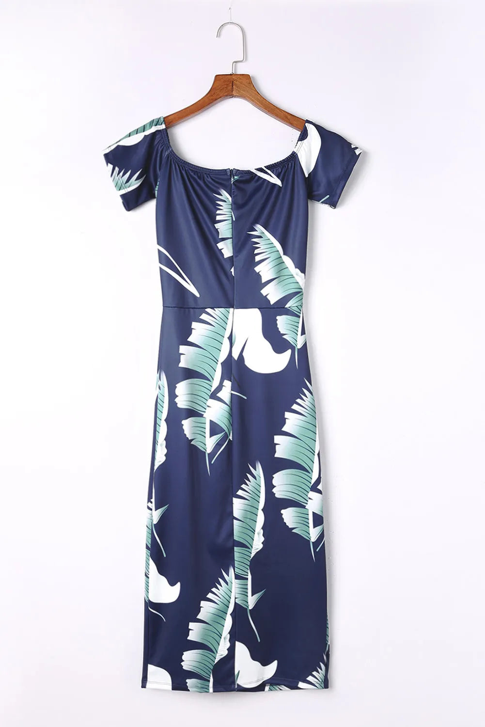 Blue Pattern Print Off Shoulder Slit Bodycon Midi Dress - Chic Meadow Boutique 