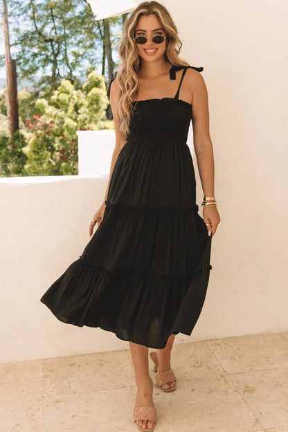 Black Tie Strap Smocked Frill Tiered Midi Dress - Chic Meadow Boutique 