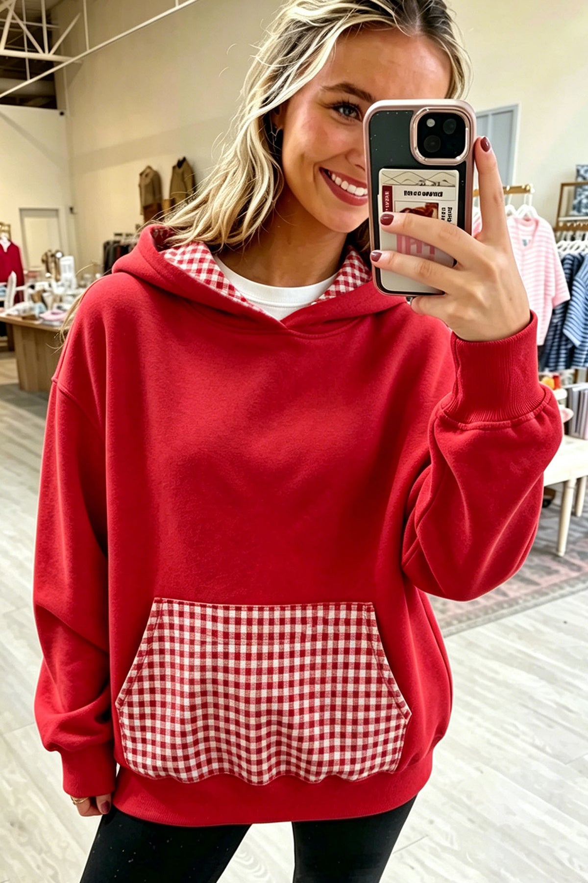 Racing Red Plaid Patchwork Front Pocket Casual Hoodie
