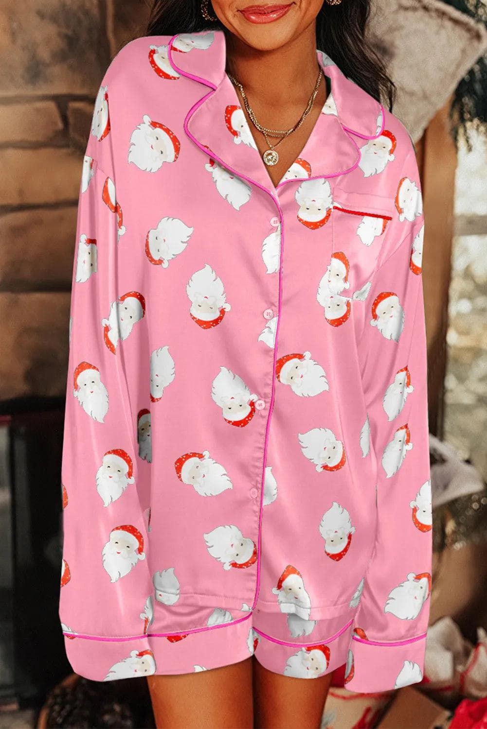 Loungewear & Sleepwear/Sleepwear Pink / S / 97%Polyester+3%Elastane Pink Christmas Santa Claus Print Satin Shirt and Shorts Set