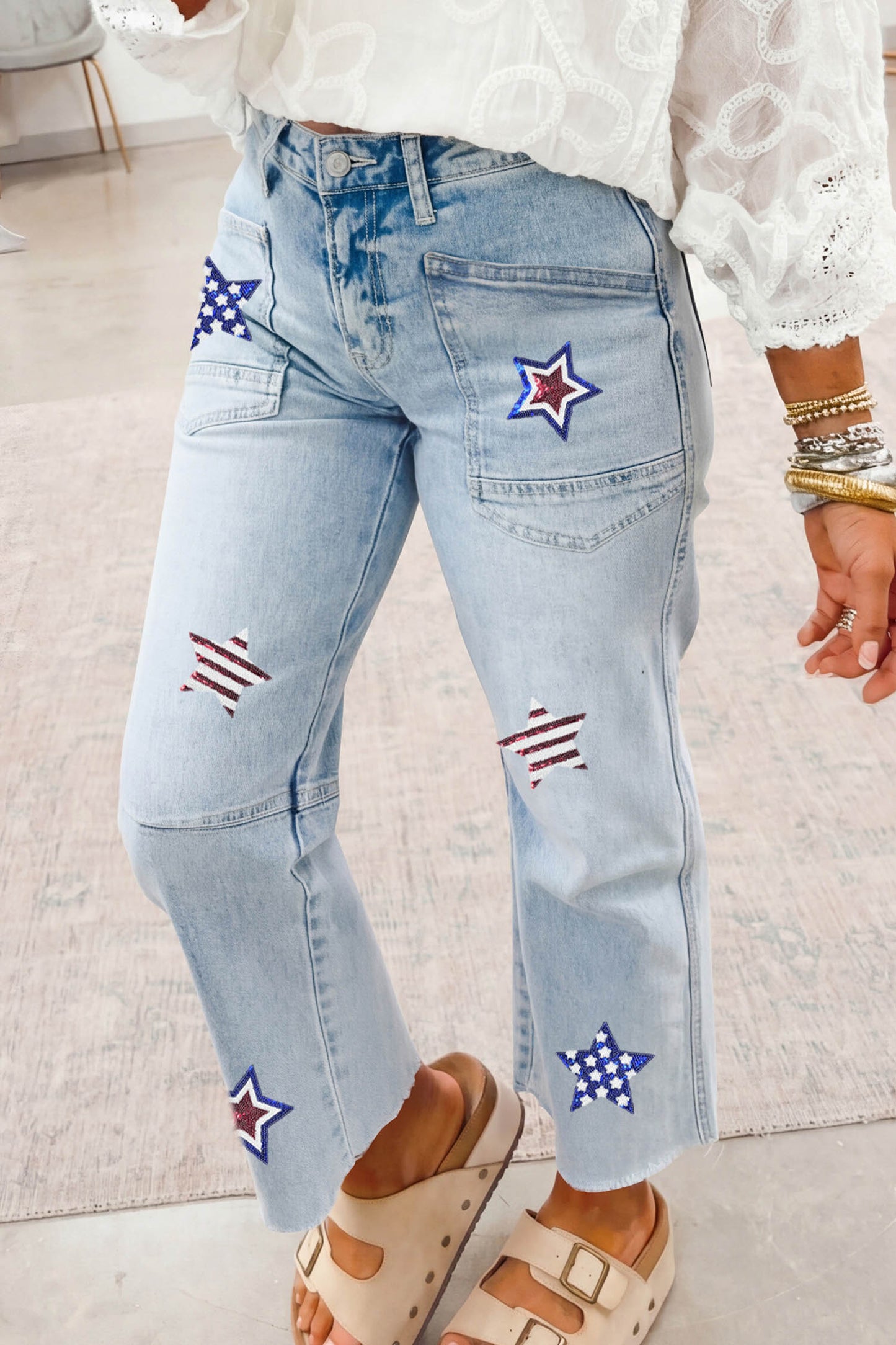 Beau Blue Patriotic Sequin Star Pattern Jeans