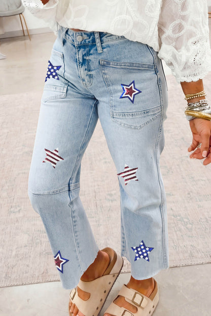 Beau Blue Patriotic Sequin Star Pattern Jeans