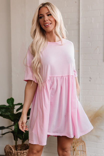 Light Pink Solid Color Pocketed Raw Edge Babydoll Dress