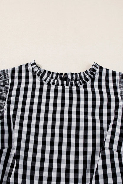 Black Checkered Ruffled Sleeve Frilled Neck Blouse - Chic Meadow Boutique 