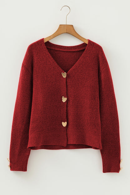 Fiery Red Heart Metal Button V Neck Cardigan Sweater