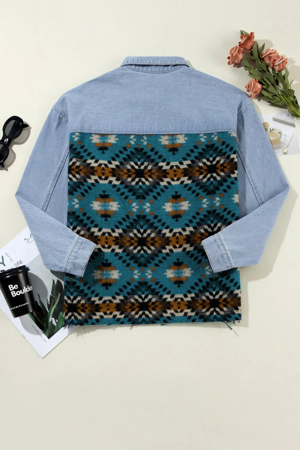 Blue Aztec Printed Denim Jacket - Chic Meadow Boutique 