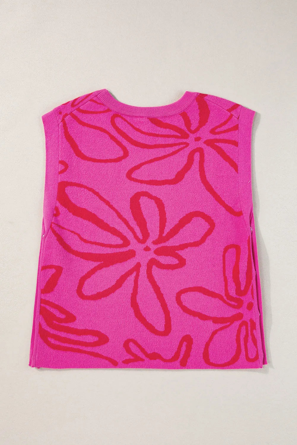 Bright Pink Button Sides Sleeveless Floral Knitted Top - Chic Meadow Boutique 