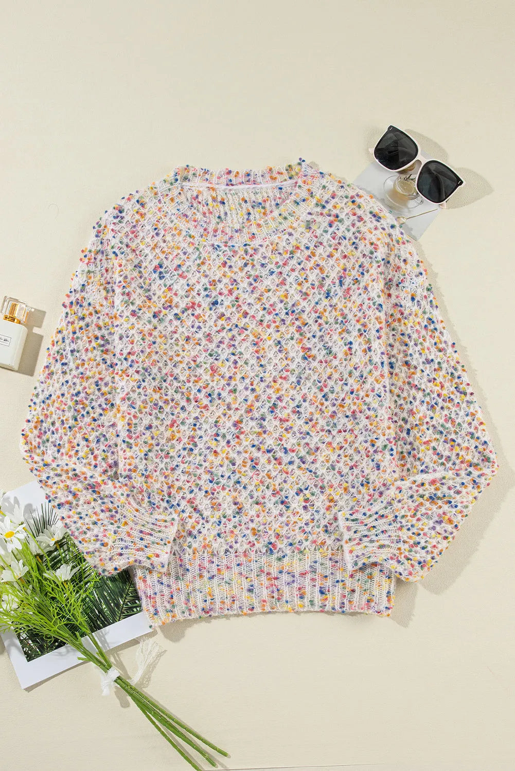 White Confetti Knit Popcorn Sweater Top - Chic Meadow Boutique 