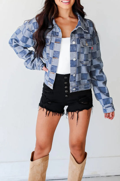 Light Blue Checkered Patchwork Button up Denim Jacket - Chic Meadow Boutique 