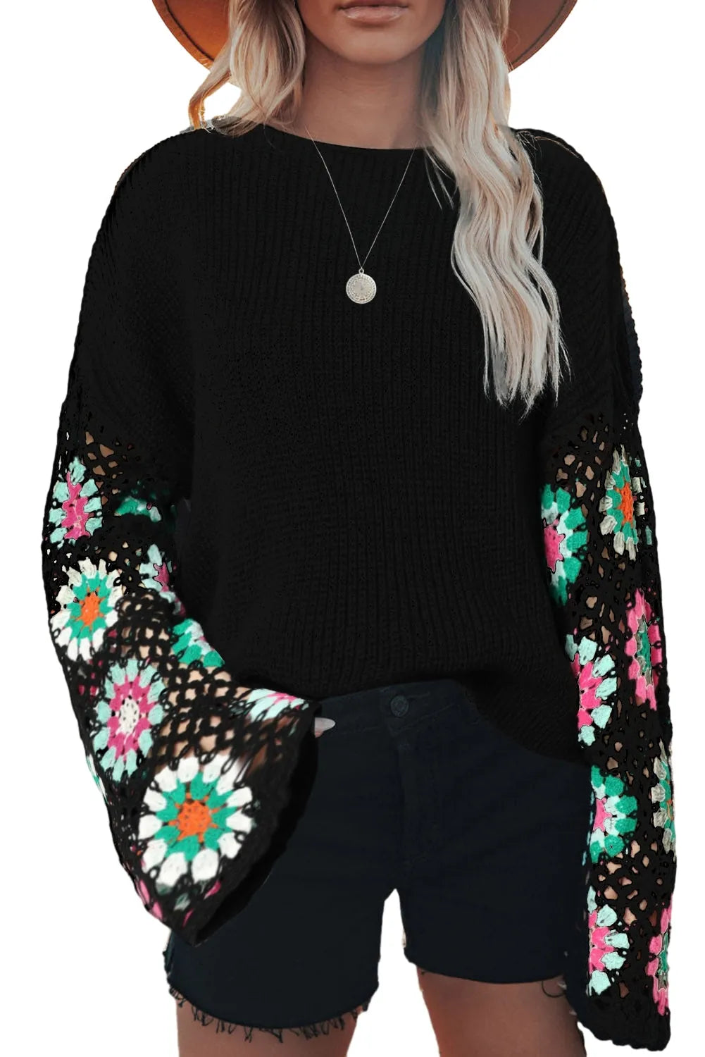 Black Floral Crochet Bell Sleeve Loose Sweater - Chic Meadow Boutique 