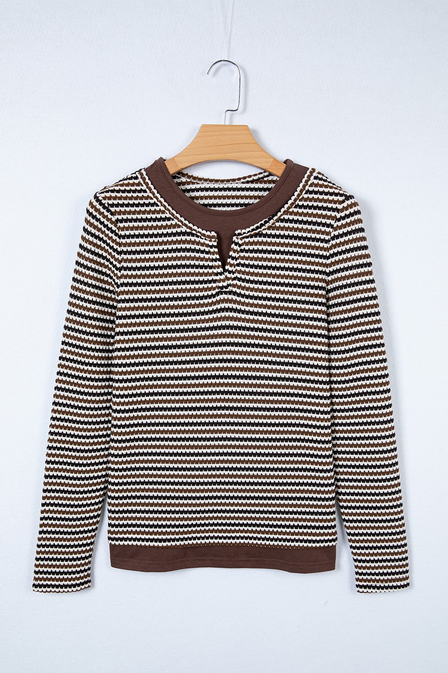 Brown Faux Two Piece Textured Striped Round Neck Long Sleeve T Shirt