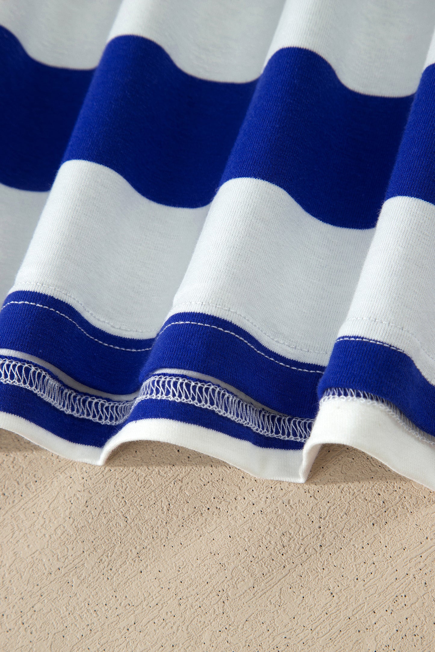 Blue Stripe Contrast Trim Round Neck Short Puff Sleeve Shift Mini Dress