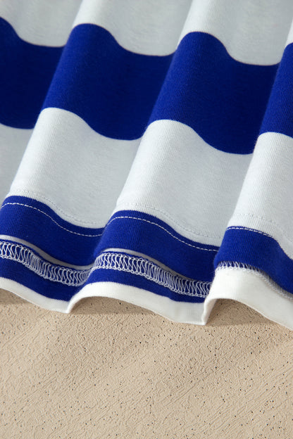 Blue Stripe Contrast Trim Round Neck Short Puff Sleeve Shift Mini Dress