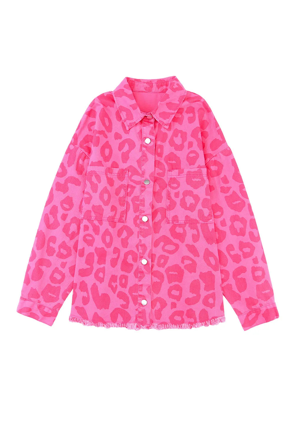 Outerwear/Denim jackets Pink Leopard Print Button Cuffs Raw Hem Jacket