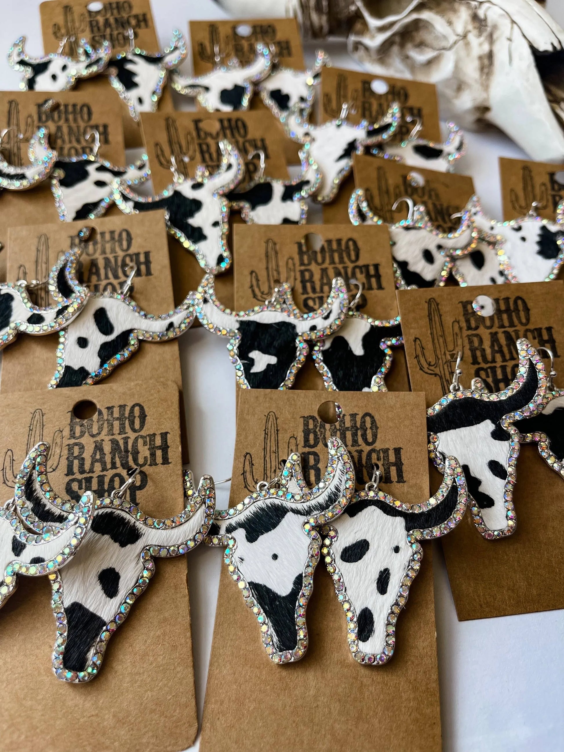 Western Cowhide Bling Steer Longhorn Earrings - Chic Meadow Boutique 